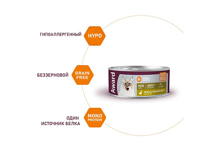 Award Adult Влажный корм Авард для взрослых кошек Паштет из Утки с клюквой (цена за упаковку) 100г х 16шт