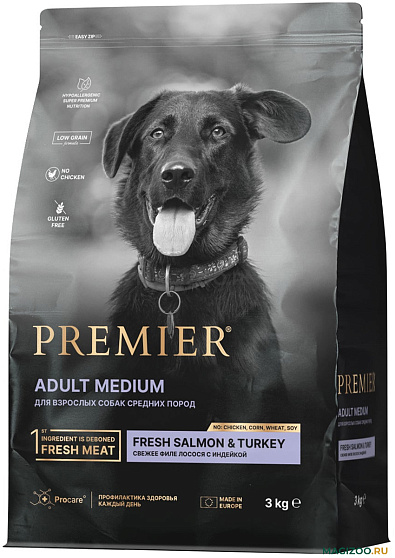 Premier Adult Medium Fresh Salmon & Turkey Сухой корм Премьер для взрослых собак Средних пород Свежее филе Лосося с индейкой 3 кг