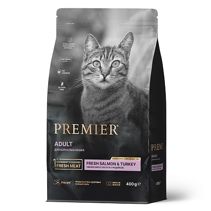 Premier Cat Salmon&Turkey ADULT (Свежее филе лосося с индейкой для кошек) 400 г