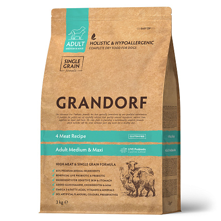 GRANDORF DOG 4 Meat PROBIOTIC MED&MAXI (4 мяса с пробиотиками для собак средних и крупных пород) 3 кг.