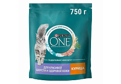 PURINA ONE SENSITIVE Сухой корм Пурина УАН для взрослых кошек для здоровья кожи и шерсти с курицей 750 г