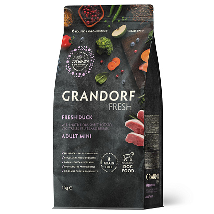 Беззерновой корм с живыми пробиотиками GRANDORF Fresh Adult MINI Duck & Sweet Potato (Свежее мясо утки с бататом для собак мелких пород) 1 кг