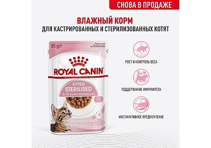 Royal Canin Kitten Sterilised Влажный корм (Консервы-Паучи) Роял Канин Киттен Стерилайзд для Стерилизованных Котят в возрасте от 6 до 12 месяцев в Соусе (цена за упаковку) 85г х 28шт