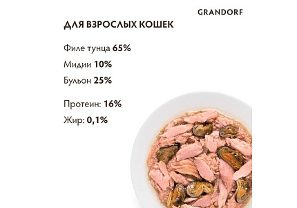 Grandorf Holistic & Hypoallergenic Консервы Грандорф для кошек филе Тунца с Мидиями (цена за упаковку) 70г х 6шт