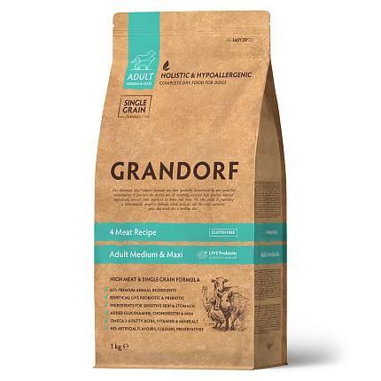 GRANDORF DOG 4 Meat PROBIOTIC MED&MAXI (4 мяса с пробиотиками для собак средних и крупных пород) 1 кг.