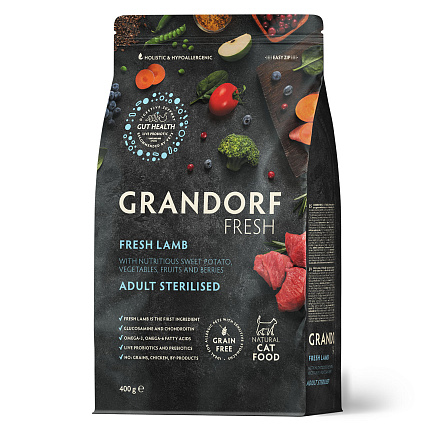 Беззерновой корм с живыми пробиотиками GRANDORF Fresh STERILISED Lamb & Sweet Potato (Свежее мясо ягненка с бататом для стерилизованных кошек) 400 г