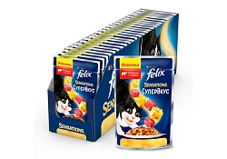 FELIX SENSATIONS СУПЕРВКУС Влажный корм Паучи Пурина Феликс Супервкус для взрослых кошек с говядиной и сыром в желе (цена за упаковку) 75г х 26шт
