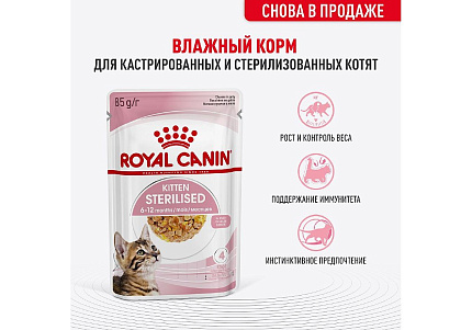 Royal Canin Kitten Sterilised Jelly Влажный корм (Консервы-Паучи) Роял Канин Киттен Стерилайзд для Стерилизованных Котят в возрасте от 6 до 12 месяцев в Желе (цена за упаковку) 85г х 28шт