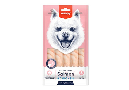 Wanpy Creamy Treat Salmon Chicken Лакомство Ванпи для собак Нежное пюре из Лосося и курицы 14г х 5шт