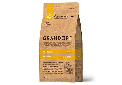 Grandorf Holistic & Hypoallergenic Mini Probiotic 4 meat Сухой корм Грандорф Низкозерновой с Живыми Пробиотиками для собак Мелких пород 4 Мяса с рисом 1 кг