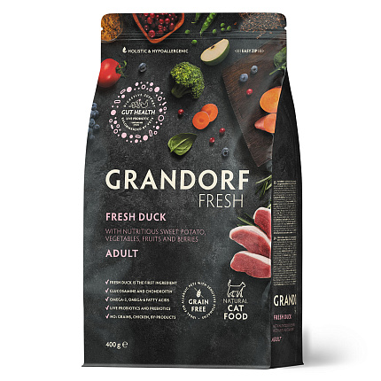 Беззерновой корм с живыми пробиотиками GRANDORF Fresh ADULT Duck & Sweet Potato (Свежее мясо утки с бататом для кошек) 400 г