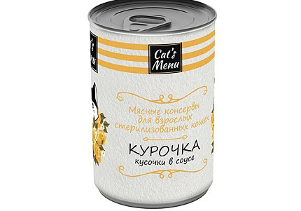 Cats Menu Консервы Кэтс Меню для взрослых Стерилизованных кошек Курочка кусочки в соусе (цена за упаковку) 340г х 12шт