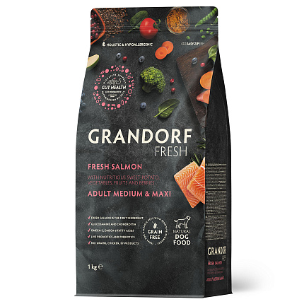 Беззерновой корм с живыми пробиотиками GRANDORF Fresh Adult MEDIUM & MAXI Salmon & Sweet Potato (Свежее филе лосося с бататом для собак средних и крупных пород) 1 кг
