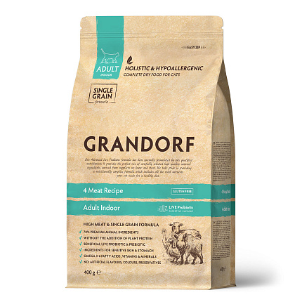 Сухой корм Grandorf 4 вида мяса для взрослых кошек c чувствительным пищеварением или склонных к аллергии 400 г