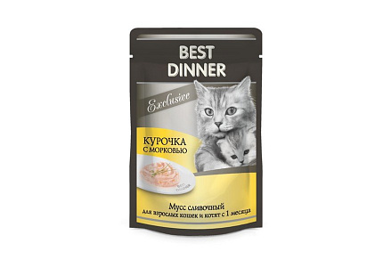Best Dinner Exclusive Паучи Бест Диннер для Котят и кошек Мусс сливочный Курочка с Морковью (цена за упаковку) 85г х 24шт