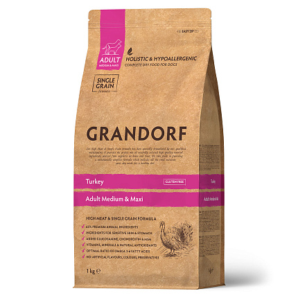 GRANDORF DOG Turkey MED&MAXI (индейка для собак средних и крупных пород) 1 кг.