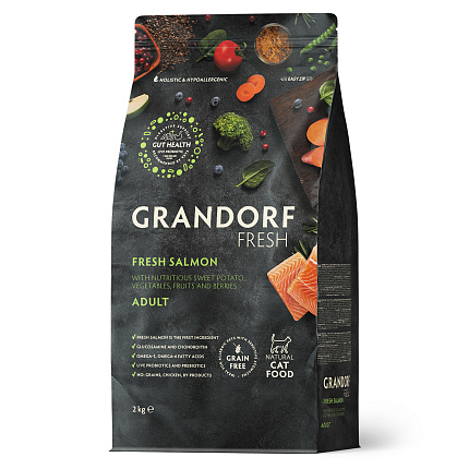 Беззерновой корм с живыми пробиотиками GRANDORF Fresh ADULT Salmon & Sweet Potato (Свежее филе лосося с бататом для кошек) 2 кг