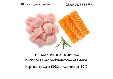 Grandorf Fresh Chicken With Salmon In Jelly Консервы Грандорф для кошек Куриная грудка с филе лосося в желе (цена за упаковку) 70 г х 6 шт