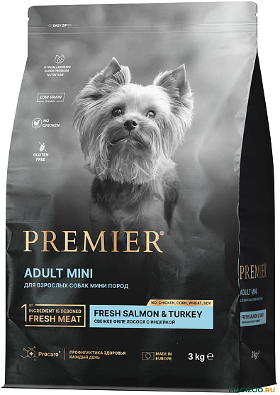 Premier Adult Mini Fresh Salmon & Turkey Сухой корм Премьер для взрослых собак Мелких пород Свежее филе Лосося с индейкой 3 кг