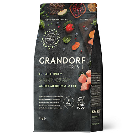 Беззерновой корм с живыми пробиотиками GRANDORF Fresh Adult MEDIUM & MAXI Turkey & Sweet Potato (Свежее мясо индейки с бататом для собак средних и крупных пород) 1 кг