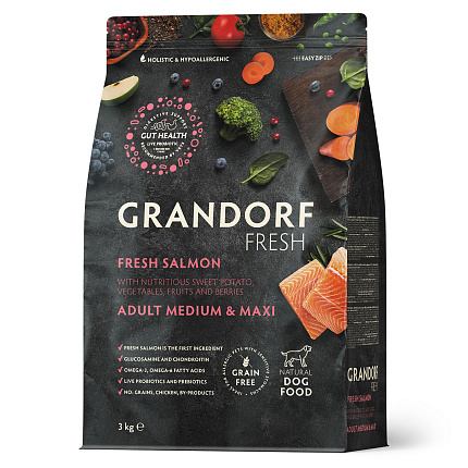 Беззерновой корм с живыми пробиотиками GRANDORF Fresh Adult MEDIUM & MAXI Salmon & Sweet Potato (Свежее филе лосося с бататом для собак средних и крупных пород) 3 кг