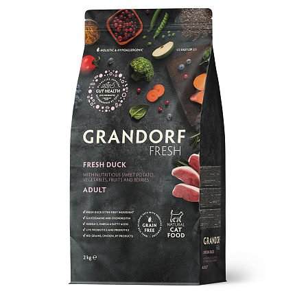 Беззерновой корм с живыми пробиотиками GRANDORF Fresh ADULT Duck & Sweet Potato (Свежее мясо утки с бататом для кошек) 2 кг