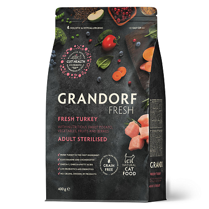Беззерновой корм с живыми пробиотиками GRANDORF Fresh STERILISED Turkey & Sweet Potato (Свежее мясо индейки с бататом для стерилизованных кошек) 400 г