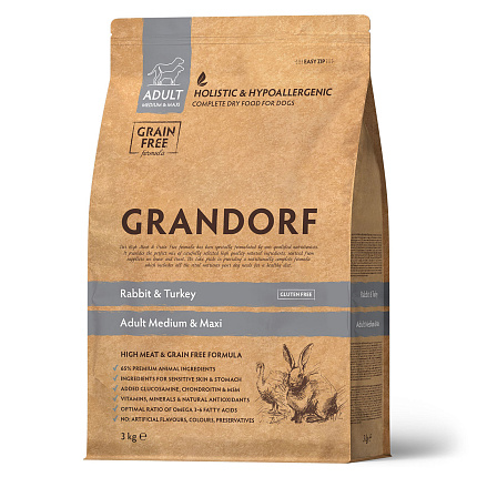 GRANDORF DOG Rabbit&Turkey MED&MAXI (кролик с индейкой для собак средних и крупных пород)  3 кг.