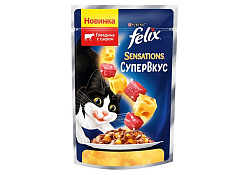 FELIX SENSATIONS СУПЕРВКУС Влажный корм Паучи Пурина Феликс Супервкус для взрослых кошек с говядиной и сыром в желе (цена за упаковку) 75г х 26шт