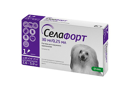 Krka Селафорт Капли на холку для собак весом от 2,6 до 5 кг от Внешних и внутренних паразитов 30мг 1 пипетка