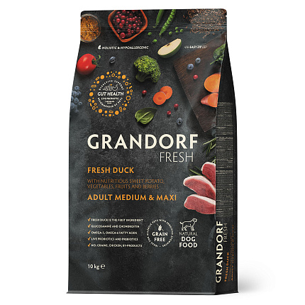 Беззерновой корм с живыми пробиотиками GRANDORF Fresh Adult MEDIUM & MAXI Duck & Sweet Potato (Свежее мясо утки с бататом для собак средних и крупных пород) 10 кг