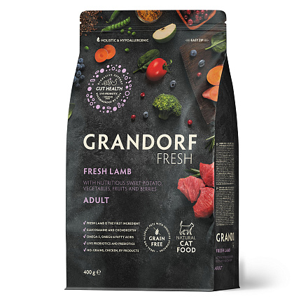 Беззерновой корм с живыми пробиотиками GRANDORF Fresh ADULT Lamb & Sweet Potato (Свежее мясо ягненка с бататом для кошек) 400 г
