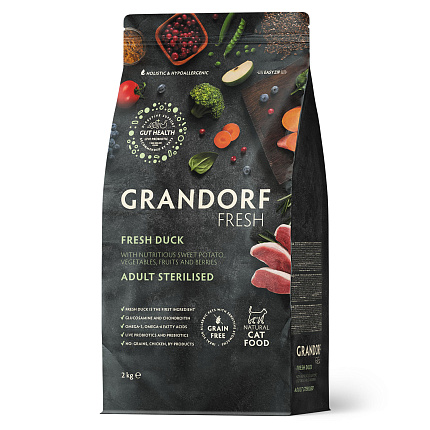Беззерновой корм с живыми пробиотиками GRANDORF Fresh STERILISED Duck & Sweet Potato (Свежее мясо утки с бататом для стерилизованных кошек) 2 кг