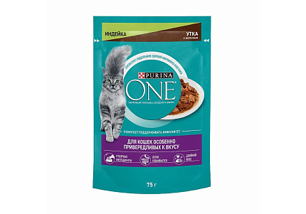 PURINA ONE Влажный корм Паучи Пурина УАН для кошек особенно привередливых к вкусу индейка утка с морковью (цена за упаковку) 75г х 26шт