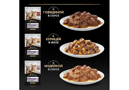 PRO PLAN KITTEN Влажный корм Паучи ПРО ПЛАН для Котят Ассорти вкусов Говядина в соусе Индейка в соусе Курица в желе (цена за упаковку) 85г х 10шт